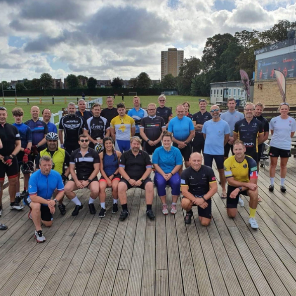 The Wasps Legends Cycle Club in a group photo at Twyford Avenue, showing all ages and backgrounds, ready to come together to cycle in aid of charitable causes